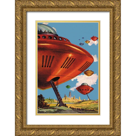 Spaceships at Angkor Wat Gold Ornate Wood Framed Art Print with Double Matting by Retrosci-fi