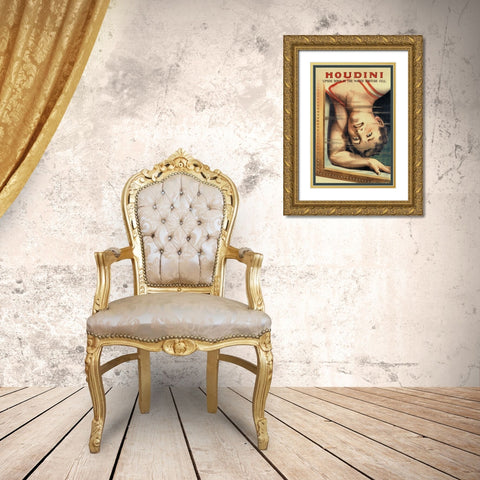 Magicians: Houdini: Upside Down in the Water Torture Cell Gold Ornate Wood Framed Art Print with Double Matting by Strobridge