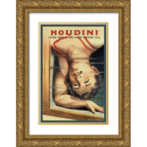Magicians: Houdini: Upside Down in the Water Torture Cell Gold Ornate Wood Framed Art Print with Double Matting by Strobridge
