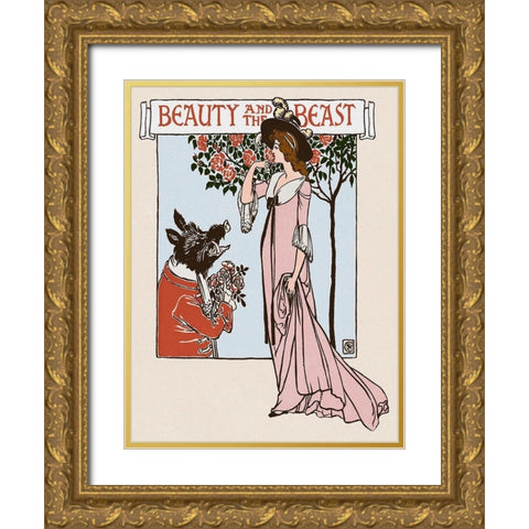 Beauty and the Beast Title Page Gold Ornate Wood Framed Art Print with Double Matting by Crane, Walter