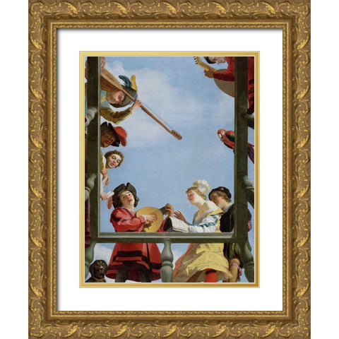 Musical Group on a Balcony Gold Ornate Wood Framed Art Print with Double Matting by van Honthorst, Gerrit