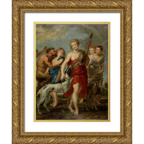 Diana and Her Nymphs on the Hunt Gold Ornate Wood Framed Art Print with Double Matting by Rubens, Peter Paul