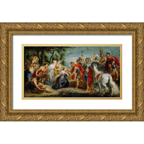 David Meeting Abigail Gold Ornate Wood Framed Art Print with Double Matting by Rubens, Peter Paul