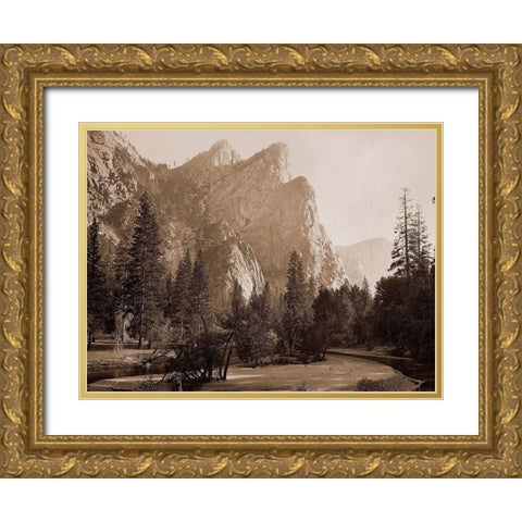 Further Up the Valley, The Three Brothers, the highest, 3,830 ft., Yosemite, California, 1866 Gold Ornate Wood Framed Art Print with Double Matting by Watkins, Carleton