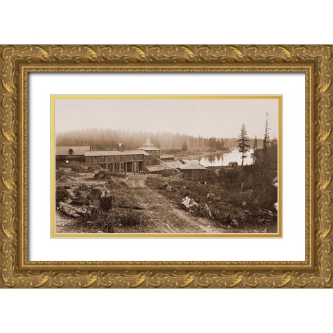 Oswego Iron Works, Willamette River, Oregon, 1867 Gold Ornate Wood Framed Art Print with Double Matting by Watkins, Carleton