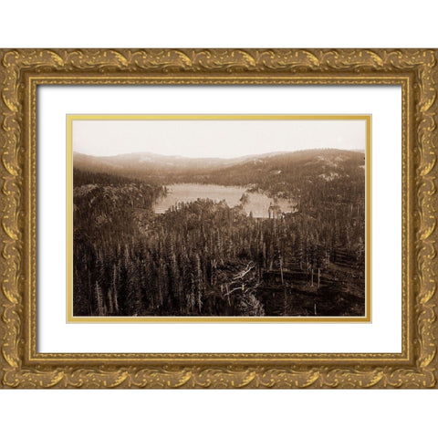 Dams and Lake, Nevada County, California, Distant View, about 1871 Gold Ornate Wood Framed Art Print with Double Matting by Watkins, Carleton