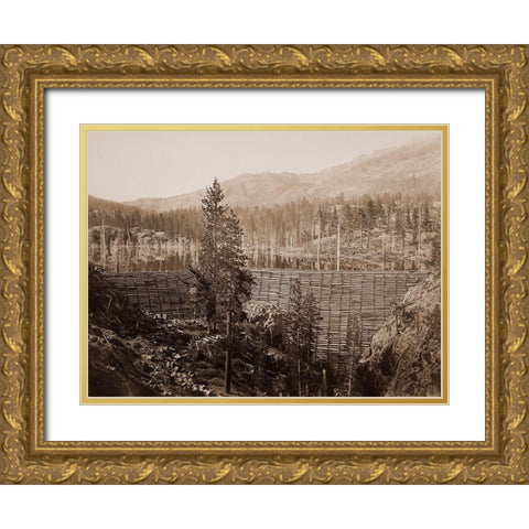 Dam and Lake, Nevada County, California, Near View, about 1871 Gold Ornate Wood Framed Art Print with Double Matting by Watkins, Carleton