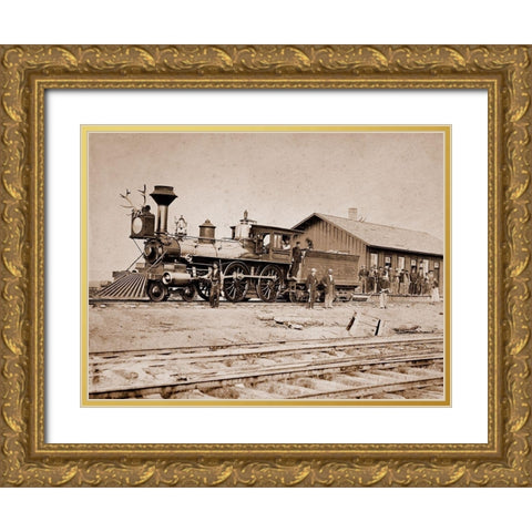 Wyoming Station, Engine 23 on Main Track, May 1868 Gold Ornate Wood Framed Art Print with Double Matting by Russell, A.J.