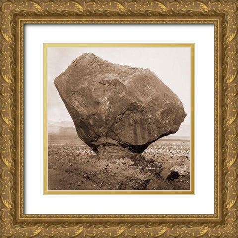 Perched Rock, Rocker Creek, Arizona, with sitting man, 1872 Gold Ornate Wood Framed Art Print with Double Matting by Bell, William H.