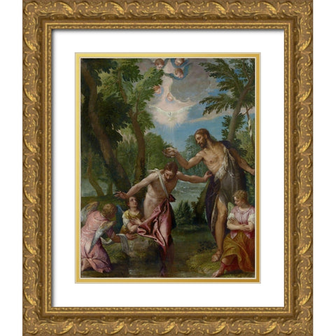 The Baptism of Christ Gold Ornate Wood Framed Art Print with Double Matting by Veronese, Paolo