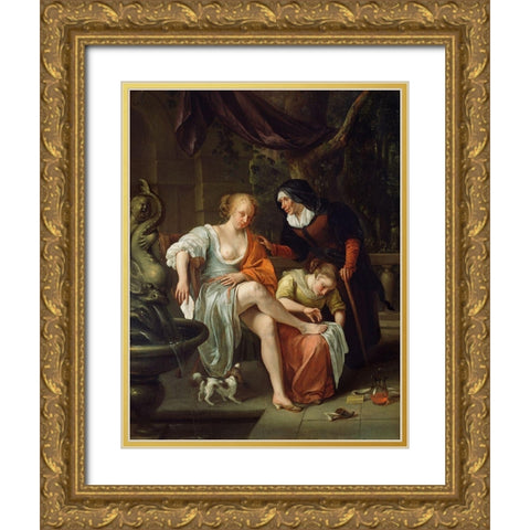 Bathsheba After the Bath Gold Ornate Wood Framed Art Print with Double Matting by Steen, Jan