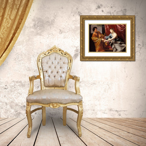 Joseph and Potiphars Wife Gold Ornate Wood Framed Art Print with Double Matting by Reni, Guido