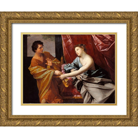 Joseph and Potiphars Wife Gold Ornate Wood Framed Art Print with Double Matting by Reni, Guido