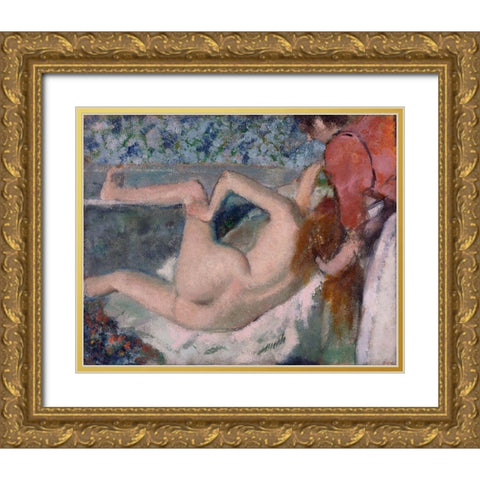 After the Bath Gold Ornate Wood Framed Art Print with Double Matting by Degas, Edgar