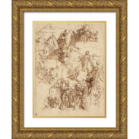 Sheet of Studies for The Martyrdom of Saint George Gold Ornate Wood Framed Art Print with Double Matting by Veronese, Paolo