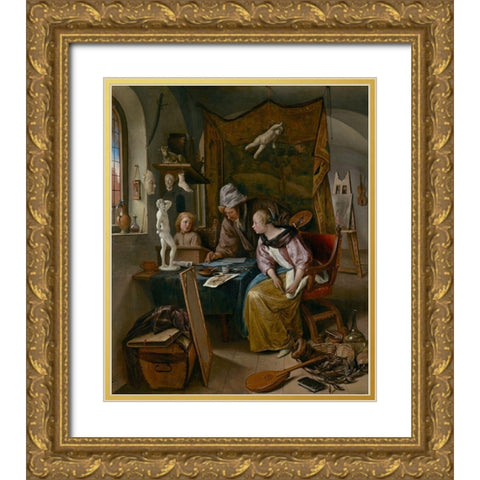 The Drawing Lesson Gold Ornate Wood Framed Art Print with Double Matting by Steen, Jan