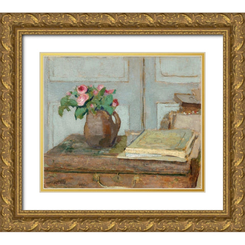The Artists Paint Box and Moss Roses, 1898 Gold Ornate Wood Framed Art Print with Double Matting by Vuillard, Edouard
