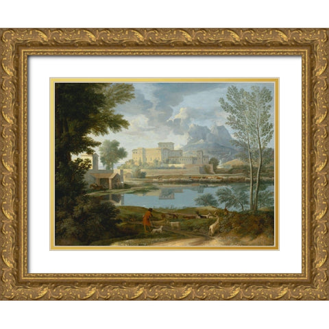 Landscape with a Calm (Un Temps calme et serein) Gold Ornate Wood Framed Art Print with Double Matting by Poussin, Nicolas