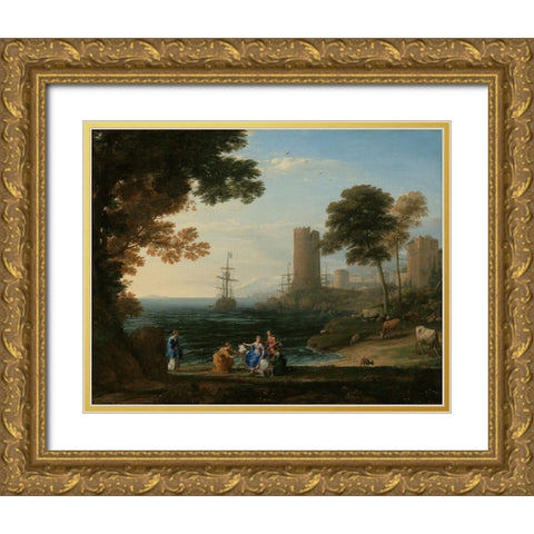 Coast View with the Abduction of Europa Gold Ornate Wood Framed Art Print with Double Matting by Lorrain, Claude