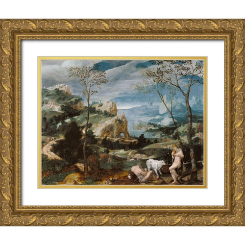 Landscape with Mercury and Argus Gold Ornate Wood Framed Art Print with Double Matting by Unknown 16th Century Flemish Painter