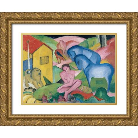 The Dream, 1912 Gold Ornate Wood Framed Art Print with Double Matting by Marc, Franz