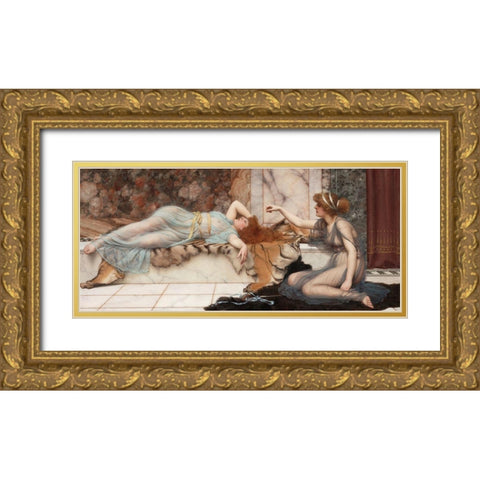 Mischief and Repose Gold Ornate Wood Framed Art Print with Double Matting by Godward, John William
