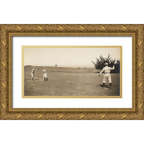 Three Boys With A Ball And Bat, Playing One Old Cat Gold Ornate Wood Framed Art Print with Double Matting by A.G. Spalding Baseball Collection