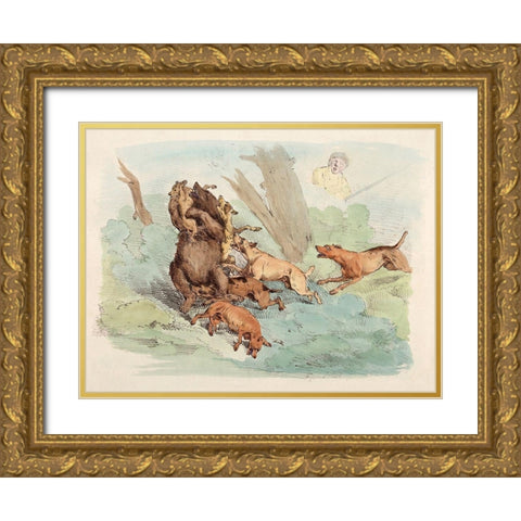 Hunting Dogs Attacking A Bear, 1817 Gold Ornate Wood Framed Art Print with Double Matting by Alken, Henry Thomas
