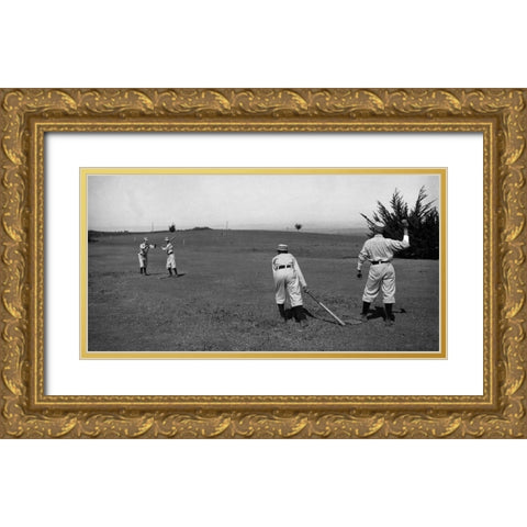 Four Boys With A Ball and Two Bats, Playing Two Old Cat Gold Ornate Wood Framed Art Print with Double Matting by A.G. Spalding Baseball Collection