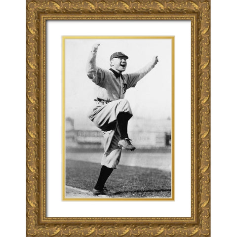Cheering Baseball Player, 1909 Gold Ornate Wood Framed Art Print with Double Matting by NPCC