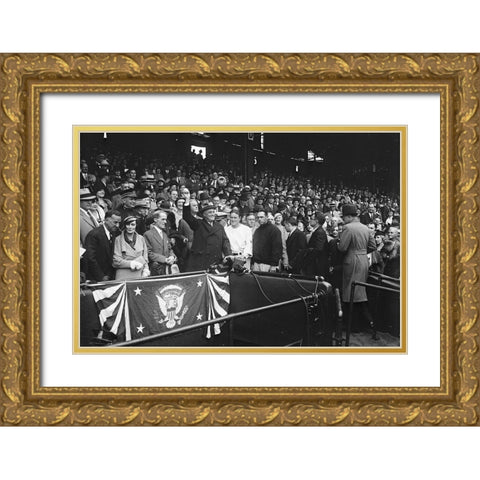 Franklin D. Roosevelt at Baseball Game, 1932 or 1933 Gold Ornate Wood Framed Art Print with Double Matting by Harris and Ewing Collection (Library of Congress)
