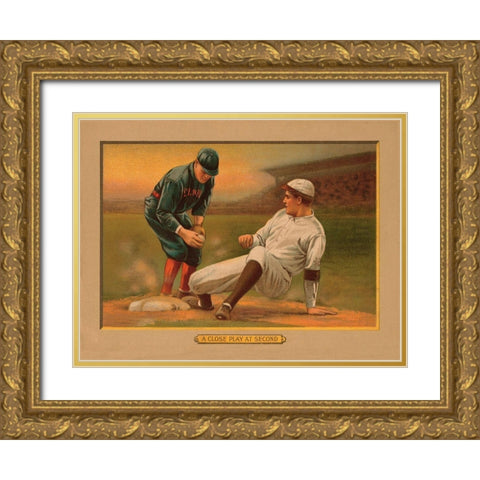 A Close Play at Second, Baseball Card Gold Ornate Wood Framed Art Print with Double Matting by American Tobacco Company