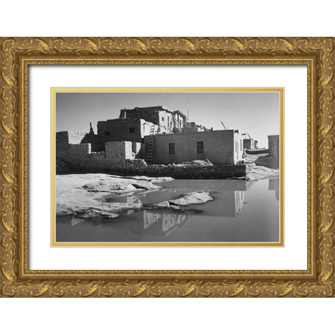 Adobe House with Water in Foreground - Acoma Pueblo, New Mexico - National Parks and Monuments, ca. Gold Ornate Wood Framed Art Print with Double Matting by Adams, Ansel