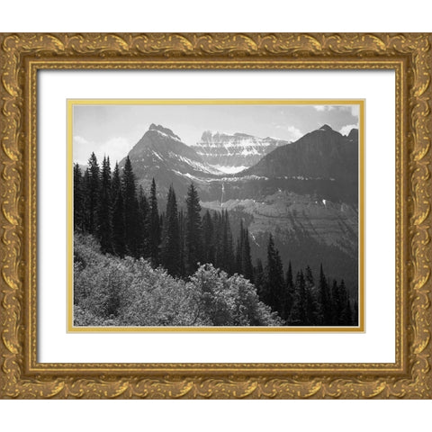 Trees, Bushes and Mountains, Glacier National Park, Montana - National Parks and Monuments, 1941 Gold Ornate Wood Framed Art Print with Double Matting by Adams, Ansel