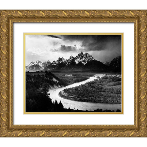 The Tetons - Snake River, Grand Teton National Park, Wyoming , 1941 Gold Ornate Wood Framed Art Print with Double Matting by Adams, Ansel