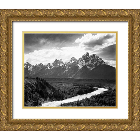 View from river valley towards snow covered mountains, river in foreground, Grand Teton National Par Gold Ornate Wood Framed Art Print with Double Matting by Adams, Ansel