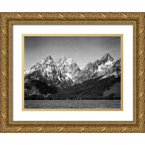 Grassy valley and snow covered peaks, Grand Teton National Park, Wyoming, 1941 Gold Ornate Wood Framed Art Print with Double Matting by Adams, Ansel