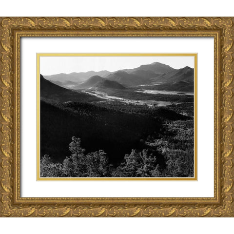 Valley surrounded by mountains, in Rocky Mountain National Park, Colorado, ca. 1941-1942 Gold Ornate Wood Framed Art Print with Double Matting by Adams, Ansel