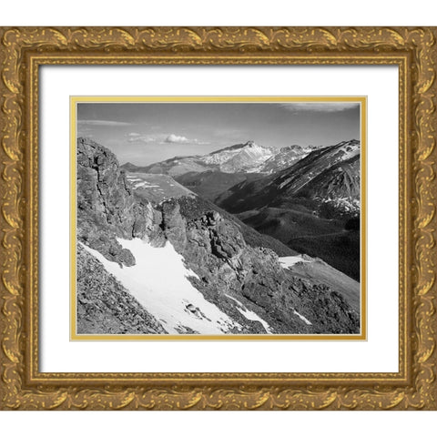 View of barren mountains with snow, in Rocky Mountain National Park, Colorado, ca. 1941-1942 Gold Ornate Wood Framed Art Print with Double Matting by Adams, Ansel