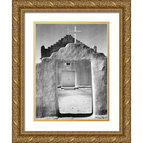 Front view of entrance, Church, Taos Pueblo National Historic Landmark, New Mexico, 1942 Gold Ornate Wood Framed Art Print with Double Matting by Adams, Ansel