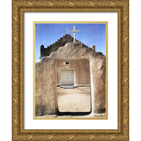 Front view of entrance-Church-Taos Pueblo National Historic Landmark Color Gold Ornate Wood Framed Art Print with Double Matting by Adams, Ansel