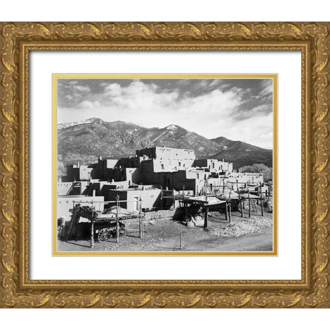 Full view of city, mountains in background, Taos Pueblo National Historic Landmark, New Mexico, 1941 Gold Ornate Wood Framed Art Print with Double Matting by Adams, Ansel
