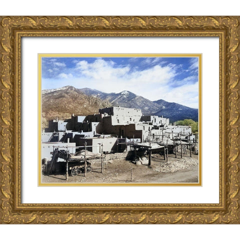 Full view of city-mountains in background-Taos Pueblo National Historic Landmark Color Gold Ornate Wood Framed Art Print with Double Matting by Adams, Ansel