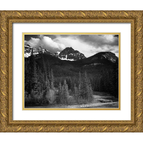 View of streamside trees and snow on mountains - Northeast Portion, Yellowstone National Park, Wyomi Gold Ornate Wood Framed Art Print with Double Matting by Adams, Ansel