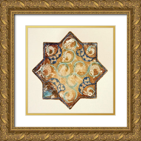Star Tile with Animal Motifs Gold Ornate Wood Framed Art Print with Double Matting by Unknown 13th Century Persian Artisan
