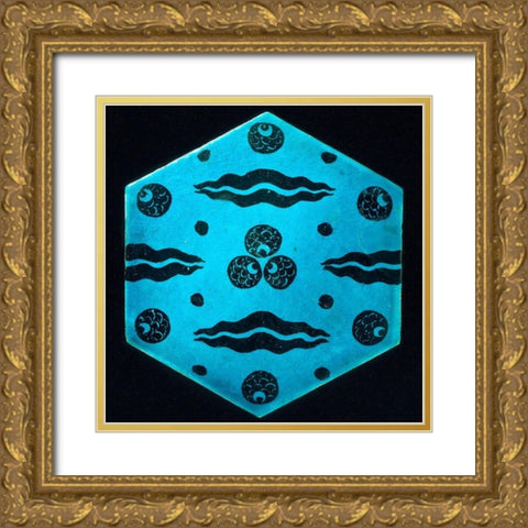 Blue Hexagonal Tile Gold Ornate Wood Framed Art Print with Double Matting by Unknown 17th Century Syrian Artisan