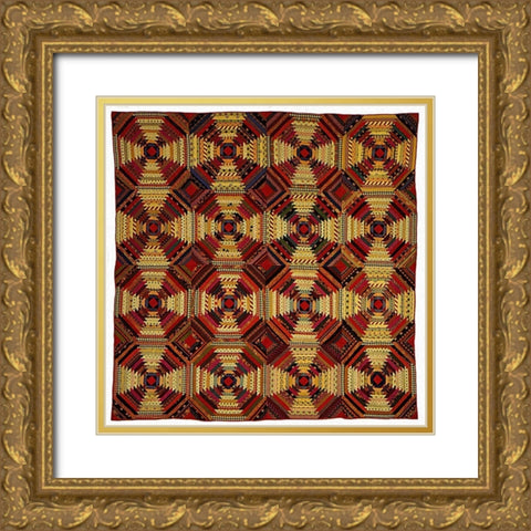 Quilt, Log Cabin Pattern, Pineapple variation Gold Ornate Wood Framed Art Print with Double Matting by Unknown 19th Century American Needleworker