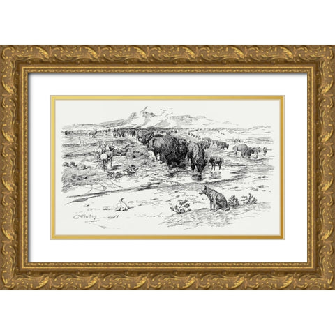 Natures Cattle, 1899 Gold Ornate Wood Framed Art Print with Double Matting by Russell, Charles Marion