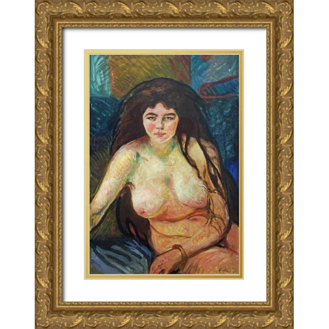 Female Nude; The Beast, 1902 Gold Ornate Wood Framed Art Print with Double Matting by Munch, Edvard