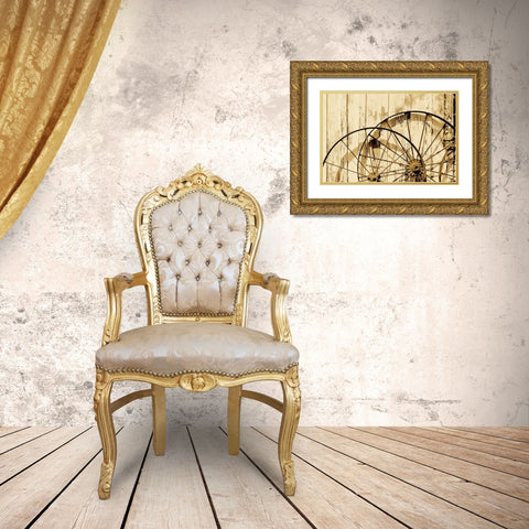 Old wagon wheels against a shed in Buffalo Gap Historic Village, near Abilene, TX - Sepia Gold Ornate Wood Framed Art Print with Double Matting by Highmith, Carol